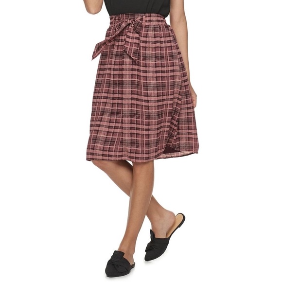 ELLE Skirt A-Line Tie-Waist Lined Pink Wine Plaid - Picture 2 of 9